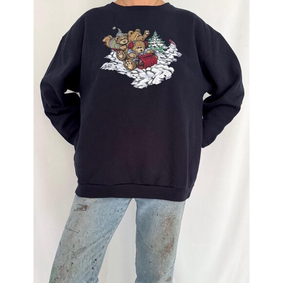 90s vintage teddy bear winter sleigh holiday graphic cotton pullover sweatshirt - Picture 2 of 9